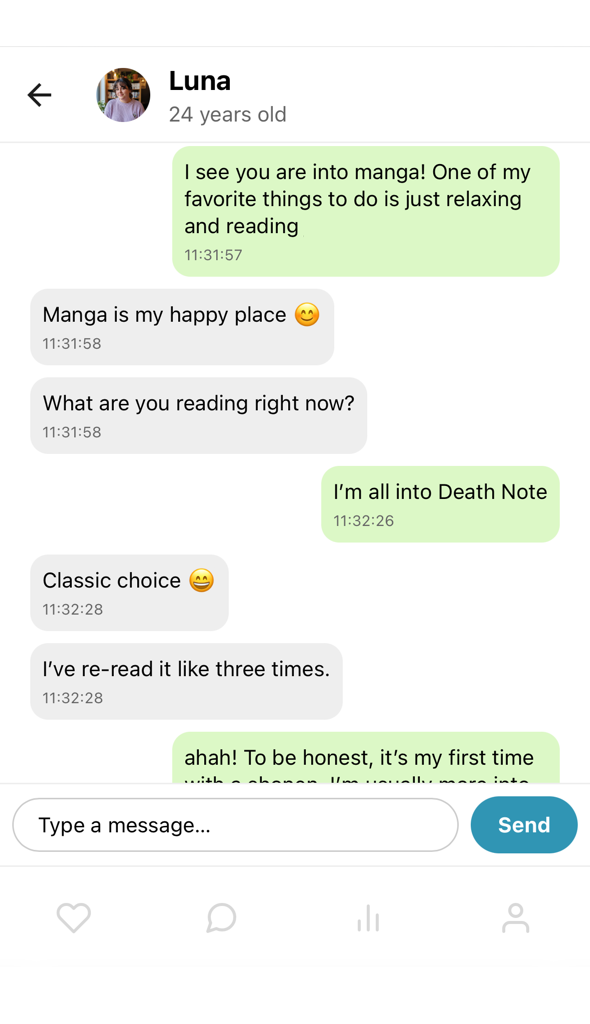 Virtual dating app interface - practice dating skills with AI